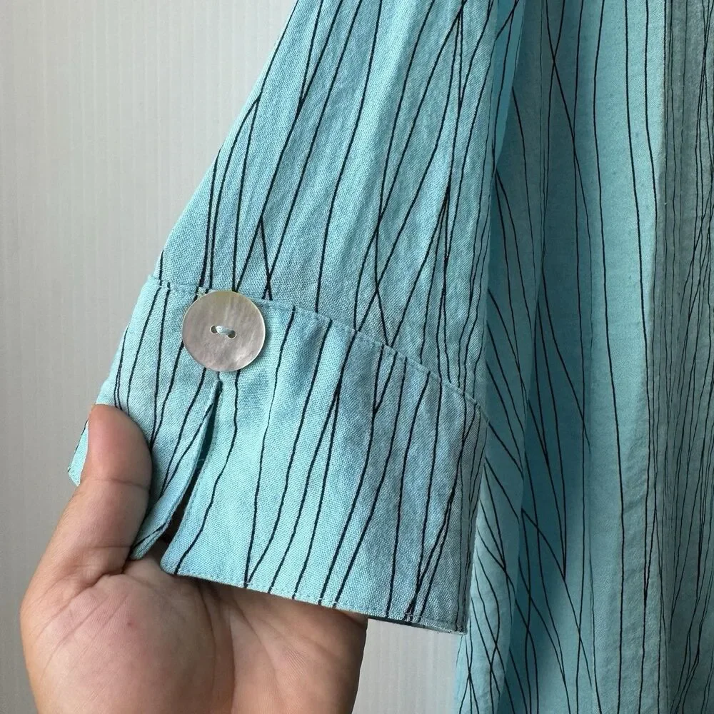 Ali Miles PXL Women’s Turquoise Abstract Stripe Button Front 3/4 Sleeve Blouse